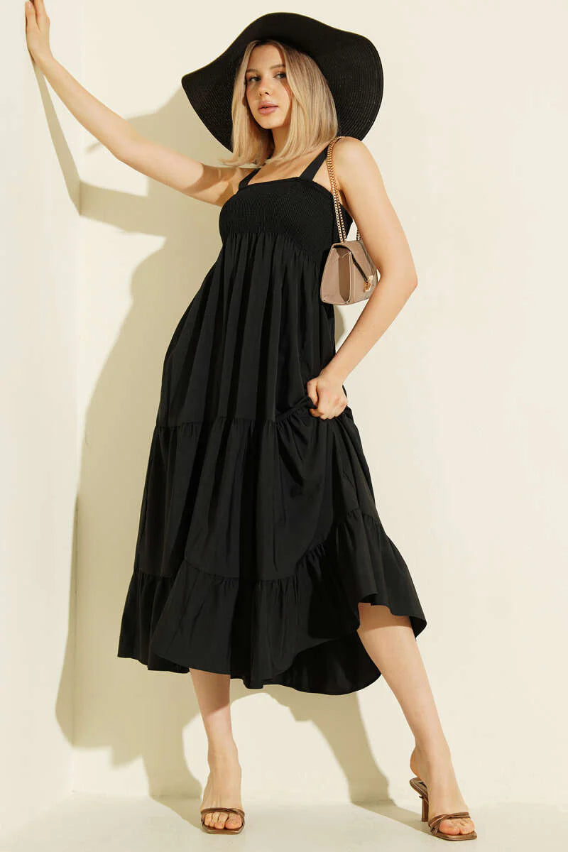 Gipeli Midi-Kleid mit Spaghettiträgern und Stufen-Look