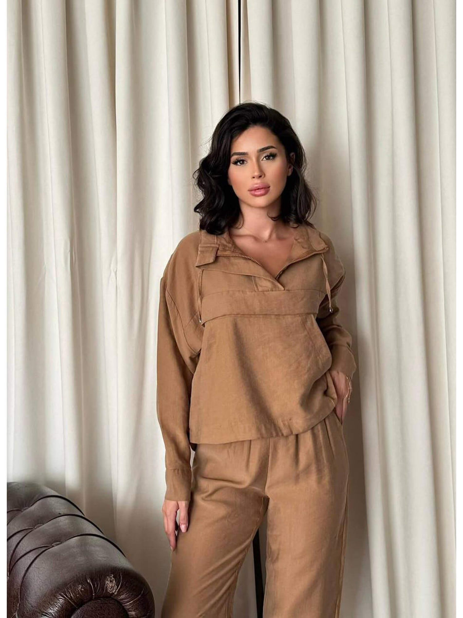 Pocket Zippered Jacket Trousers Set