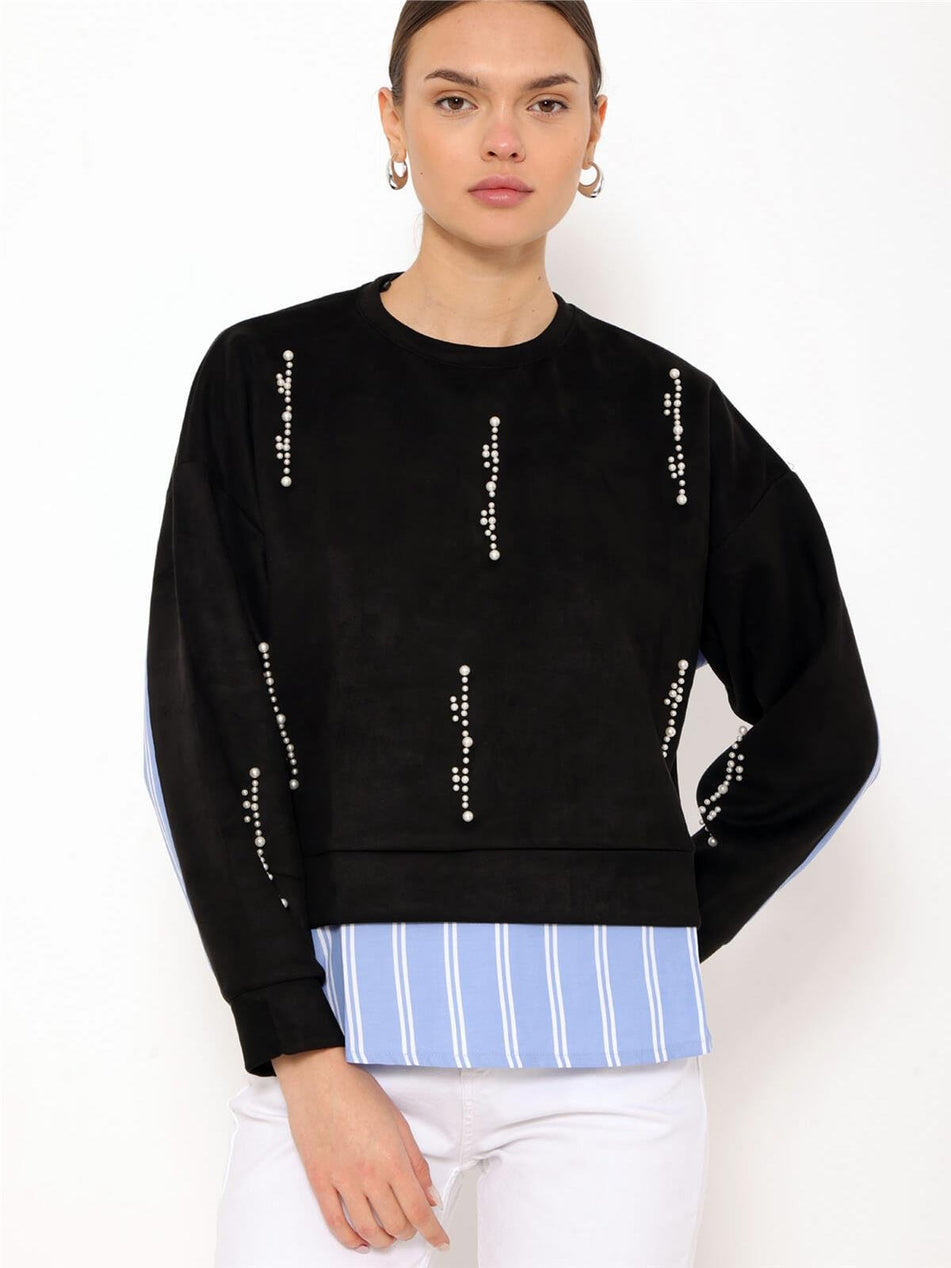 Striped Shirt Garnished Pearl Sweatshirt