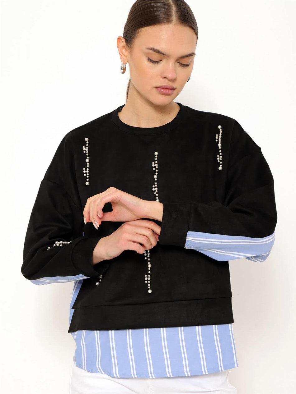 Striped Shirt Garnished Pearl Sweatshirt
