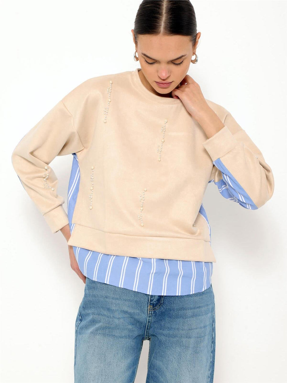 Striped Shirt Garnished Pearl Sweatshirt