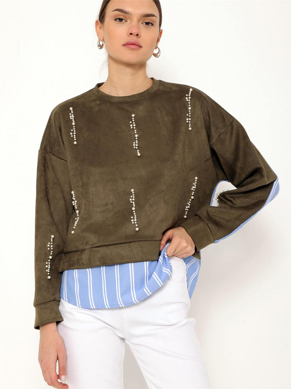 Striped Shirt Garnished Pearl Sweatshirt