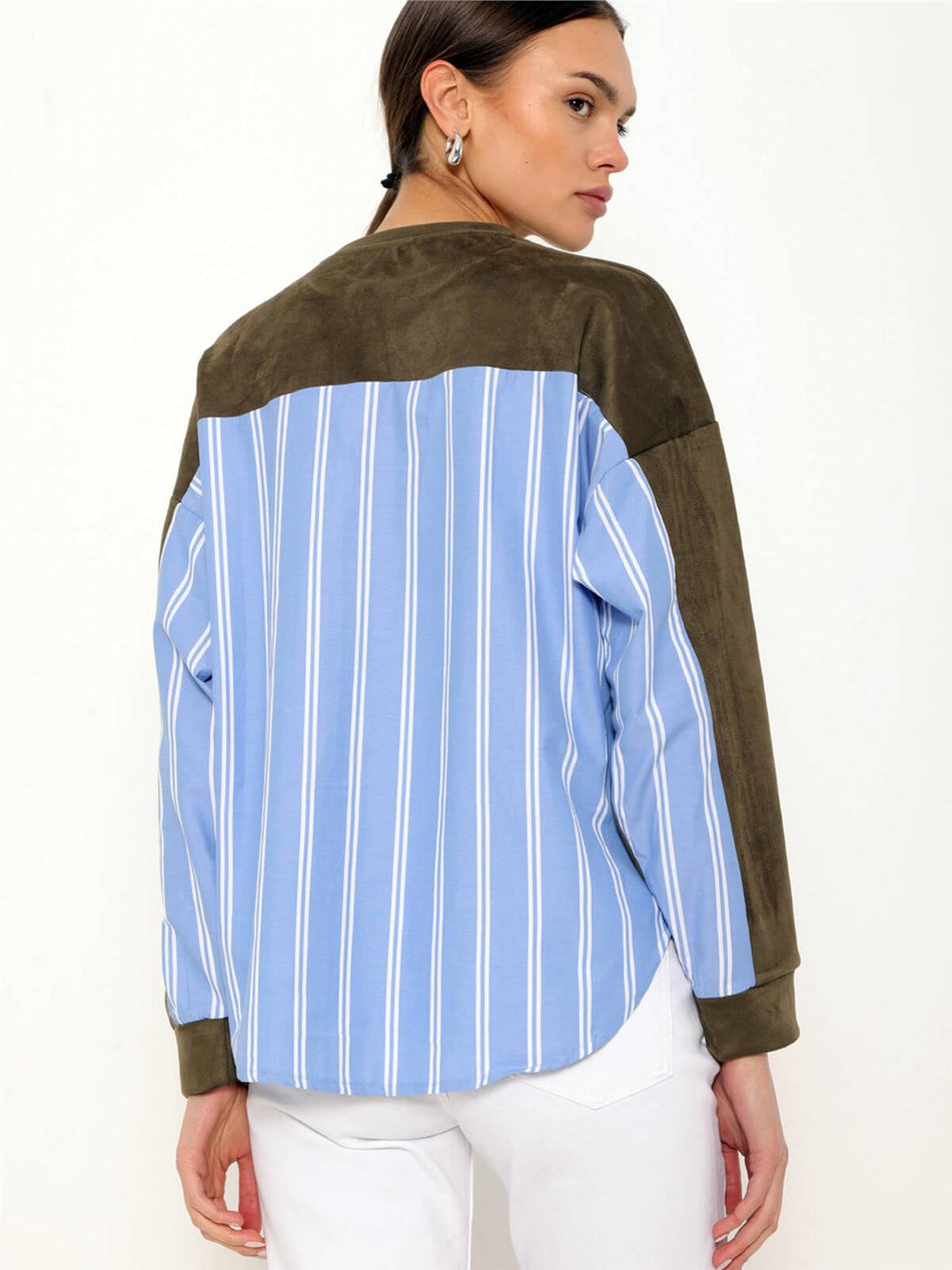 Striped Shirt Garnished Pearl Sweatshirt