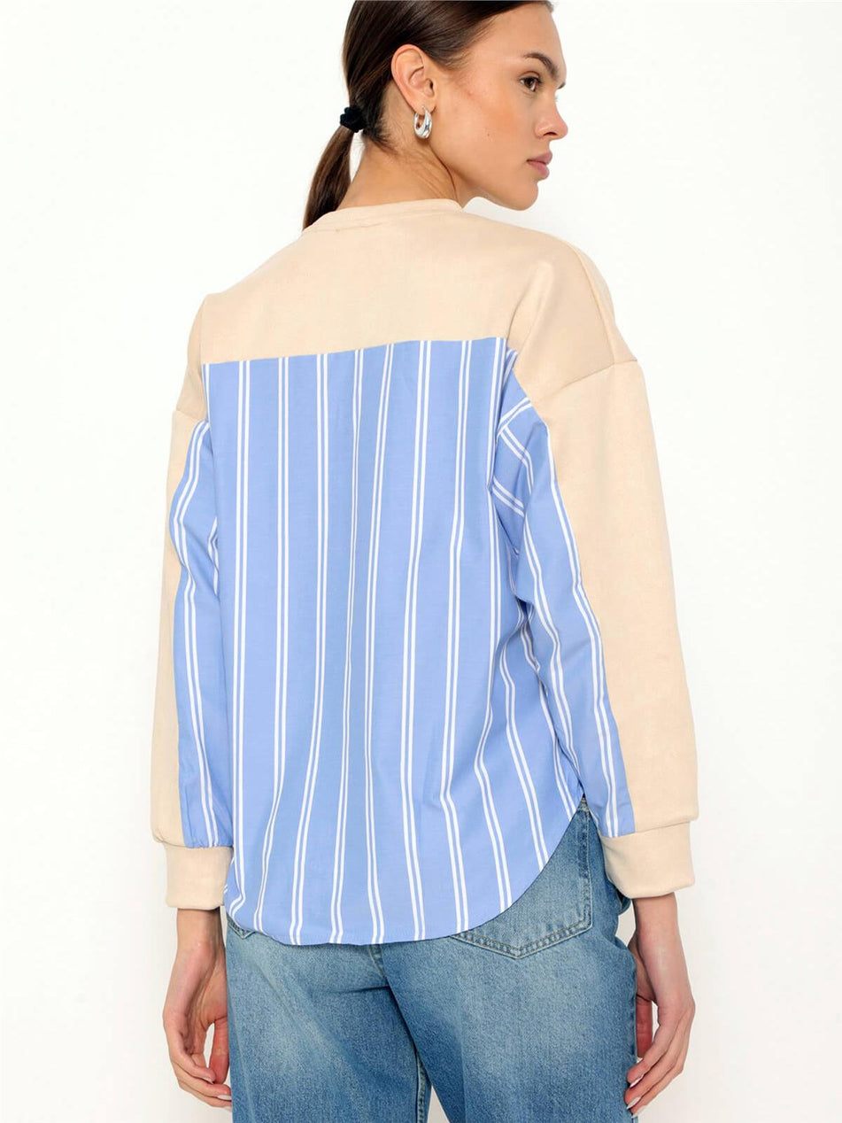 Striped Shirt Garnished Pearl Sweatshirt