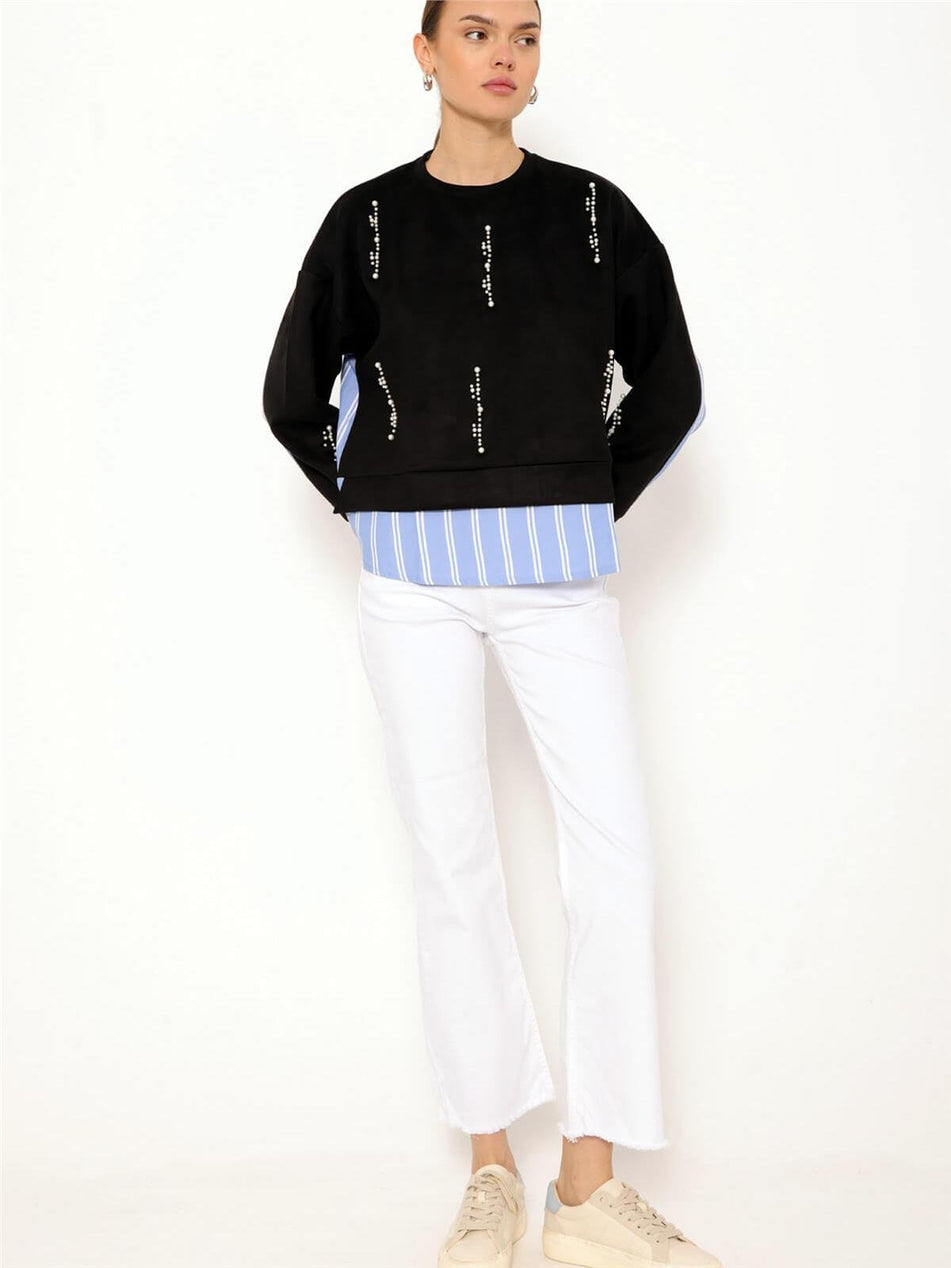Striped Shirt Garnished Pearl Sweatshirt