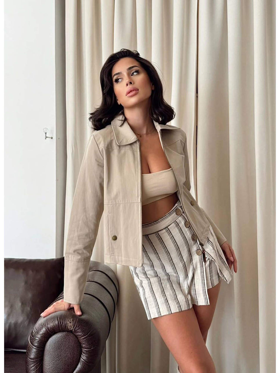 Zippered Shirt Collar Jacket