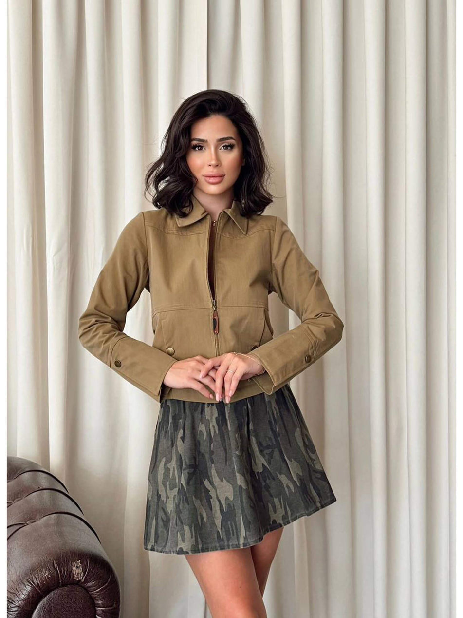 Zippered Shirt Collar Jacket