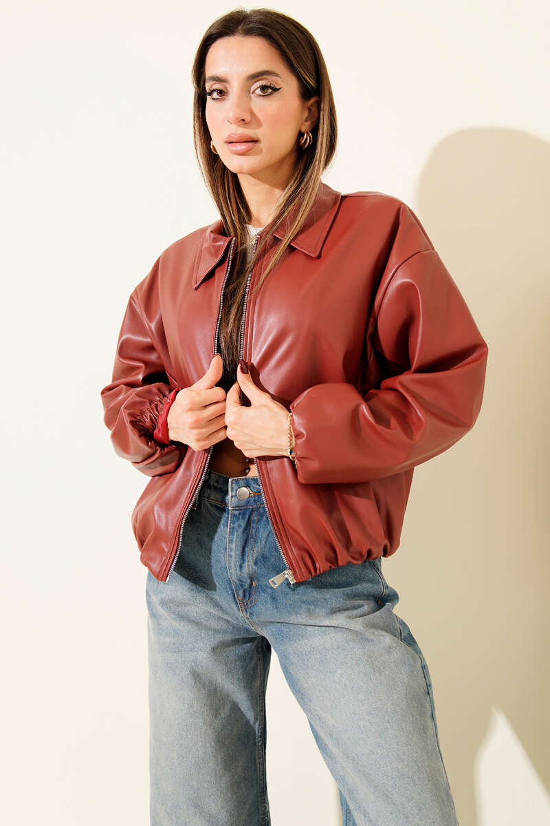 Lederjacke mit Hemdkragen und Reißverschluss