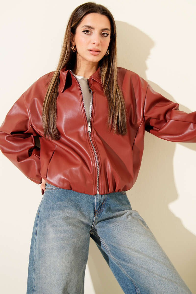 Lederjacke mit Hemdkragen und Reißverschluss