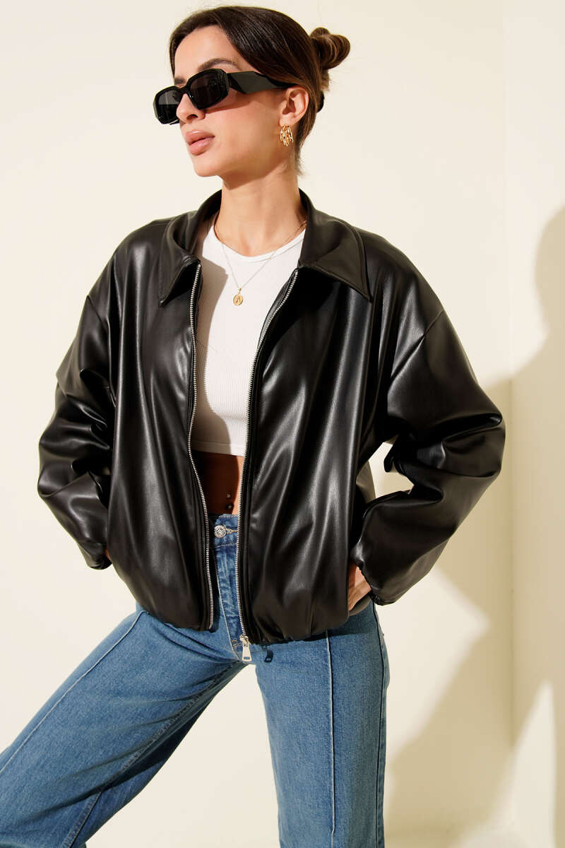 Lederjacke mit Hemdkragen und Reißverschluss