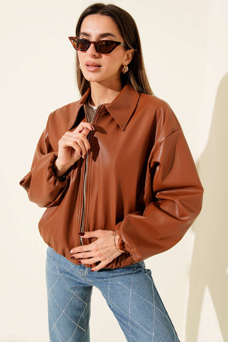 Lederjacke mit Hemdkragen und Reißverschluss