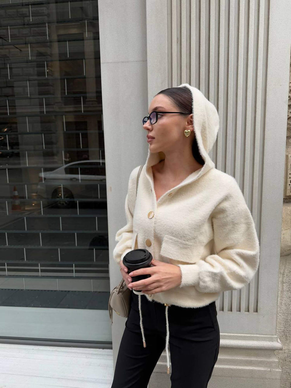 Hooded Buttoned Soft Cardigan
