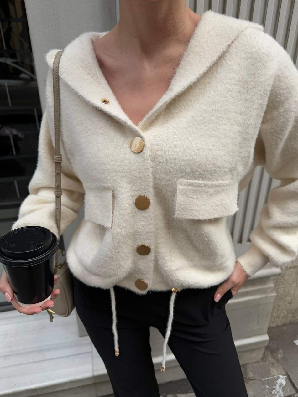 Hooded Buttoned Soft Cardigan