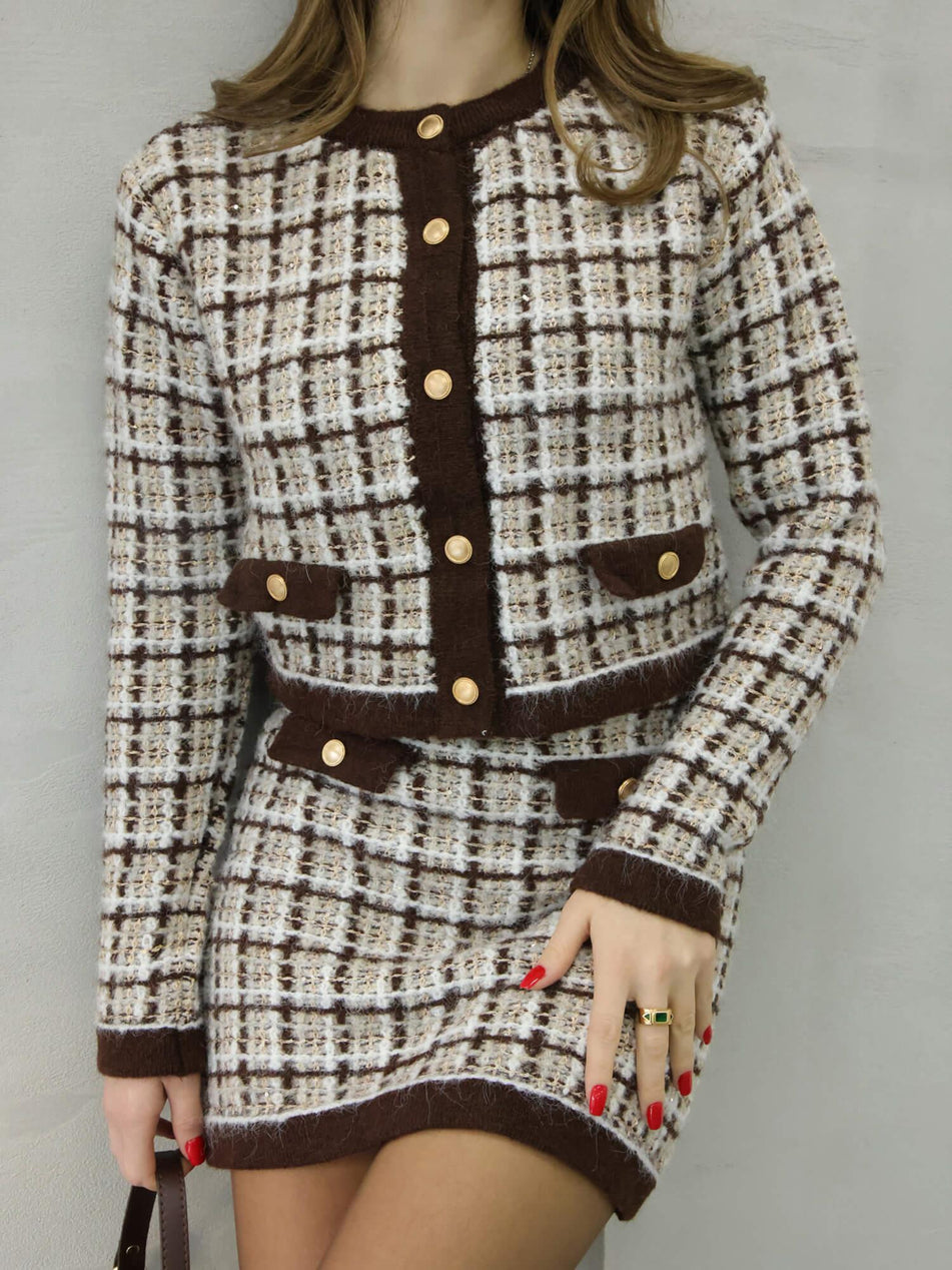 Checkered Cardigan Skirt Soft Set