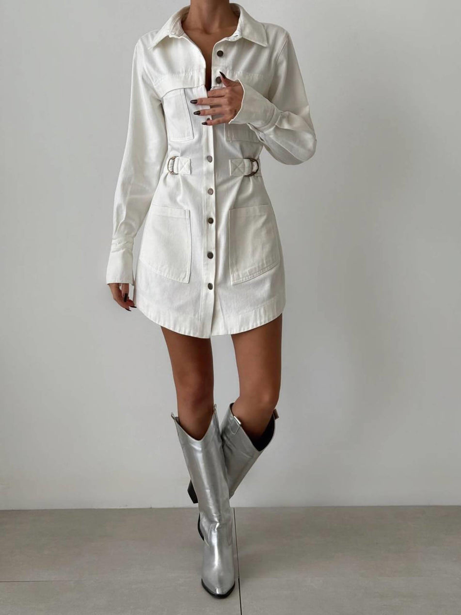 Belted Pocket Detailed Collar Dress